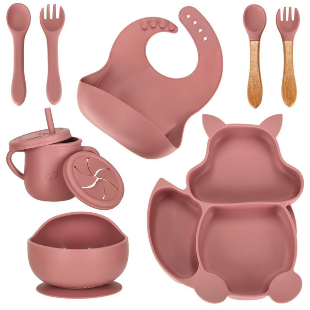Children's silicone dishes squirrel 9-piece set dark pink
