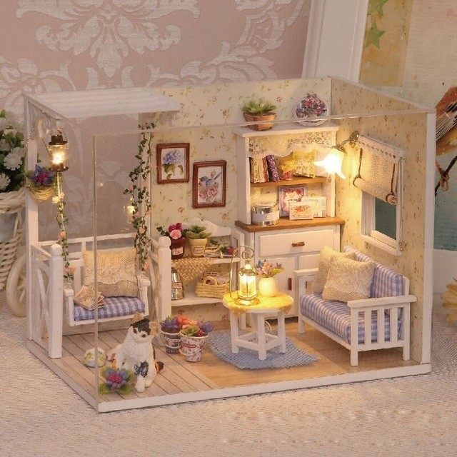 Wooden Dollhouse Retro Room Set, with LED Lighting KX6993