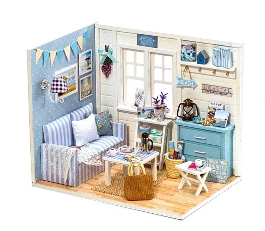 Wooden Dollhouse - Living Room Model for Assembly with LED Lighting, DIY KX6994