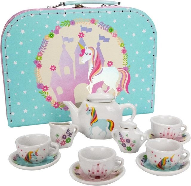 Children's tea set in a basket "Unicorn" - porcelain, 13 pieces (CH12102)